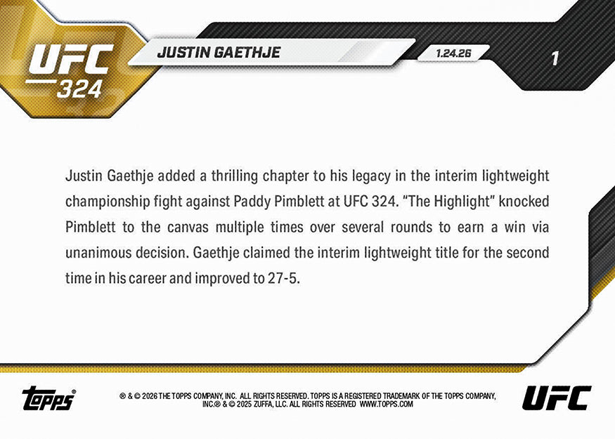 Justin Gaethje - 2026 UFC Topps NOW - Card 1 - PR: 3597 - Image 5