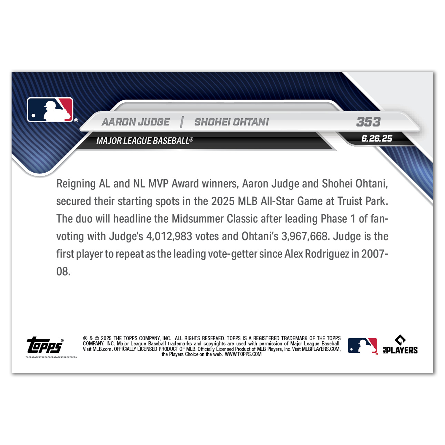 Aaron Judge / Shohei Ohtani - 2025 MLB Topps NOW - Card 353 - PR: 4521 - Image 2