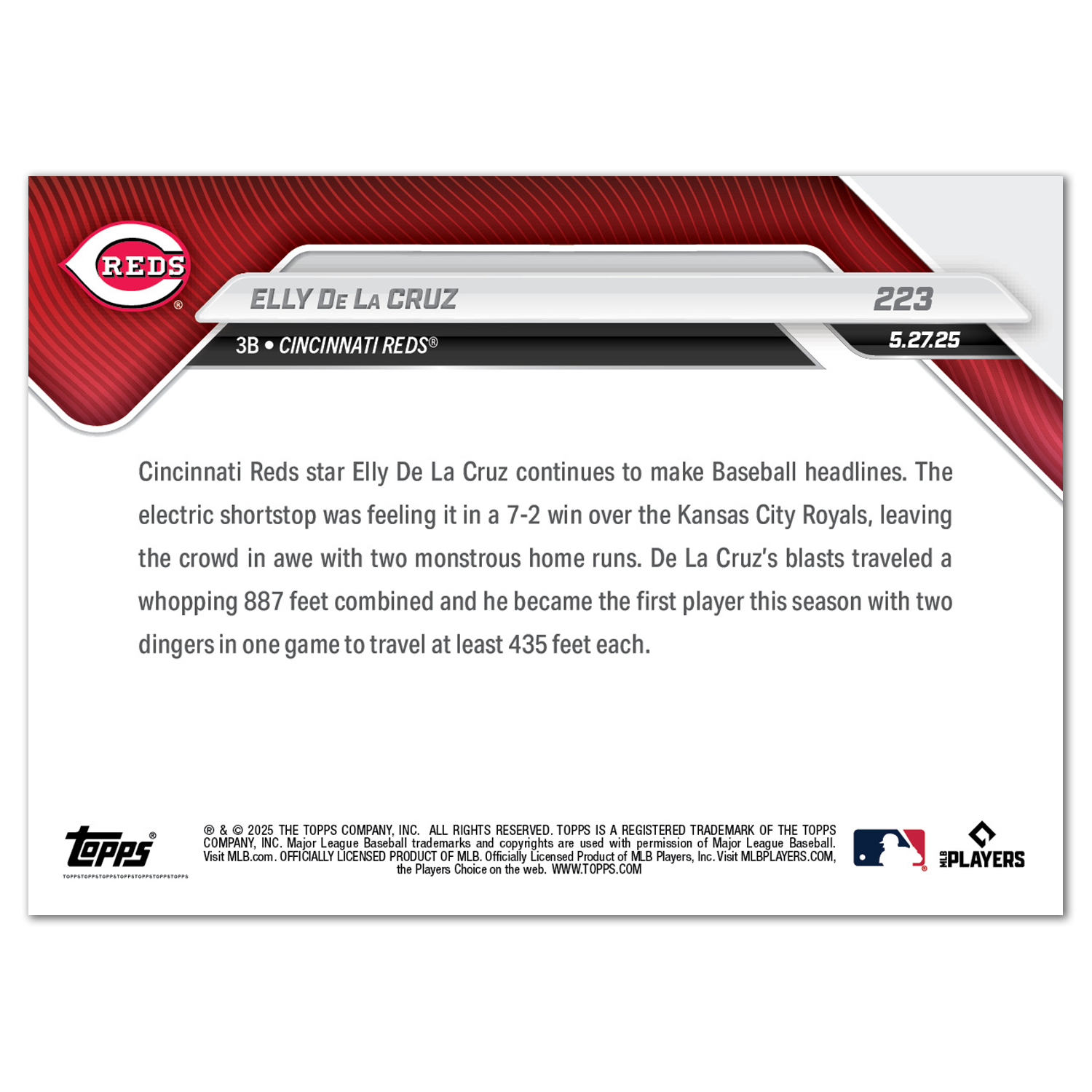 Elly De La Cruz - 2025 MLB Topps NOW - Card 223 - PR: 1527 - Image 2