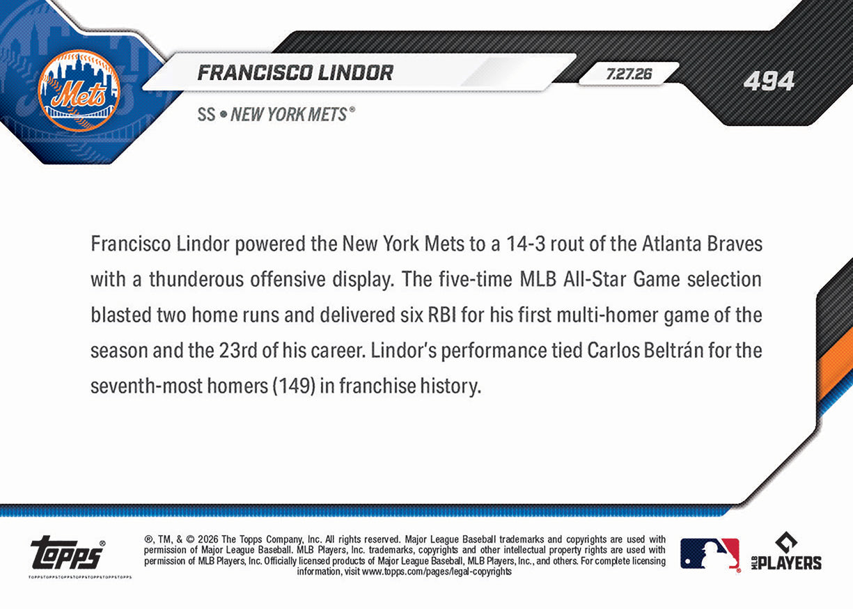 Francisco Lindor - 2026 MLB Topps NOW - Card 494 - PR: 614 - Image 2