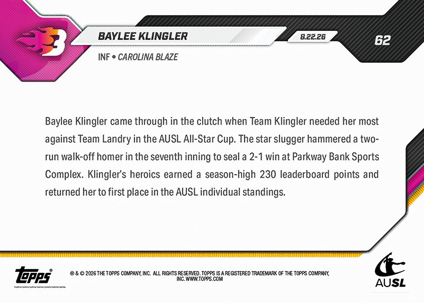 Baylee Klingler - 2026 AUSL Topps NOW - Card 62 - PR: 712 - Image 2