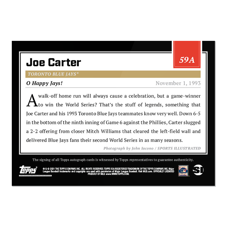 Alternative view of On-Card Auto # to 25 - 2021 Topps x Sports Illustrated - Joe Carter - Card #59A