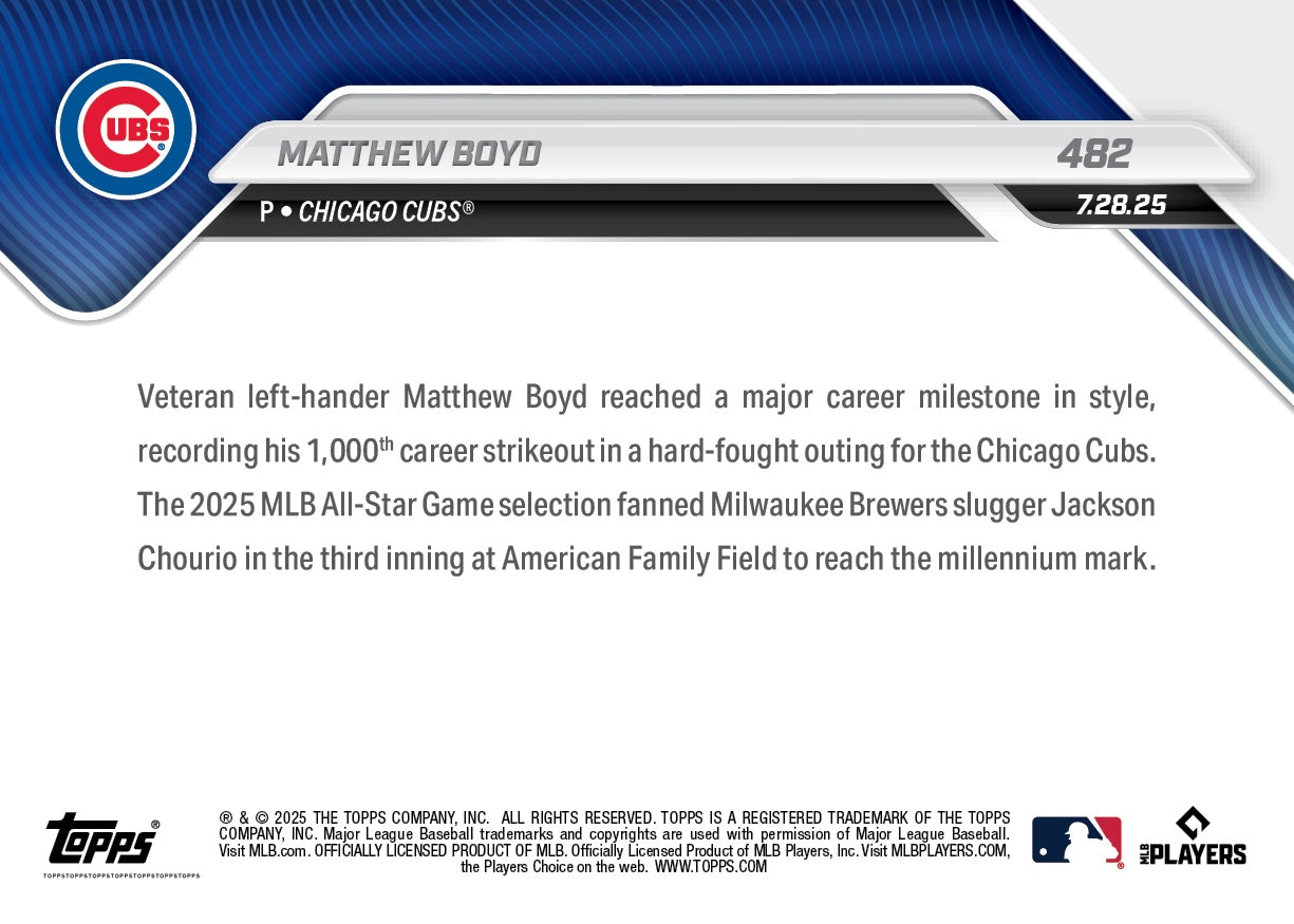 Matthew Boyd - 2025 MLB Topps NOW - Card 482 - PR: 487 - Image 2